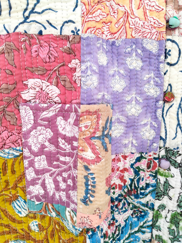 Cotton Handcrafted Kantha Jacket Print Patchwork Women's Quilted Reversible Coat, Kimono Indian Hand Block Printed Vintage Style Boho Vest Autumn Gift for her - 8