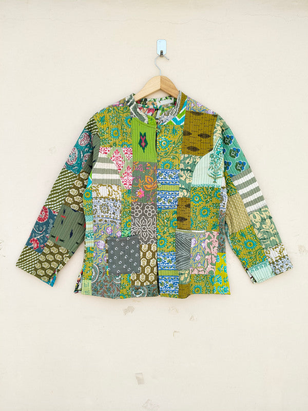 Cotton Handcrafted Kantha Jacket Print Patchwork Women's Quilted Reversible Coat, Kimono Indian Hand Block Printed Vintage