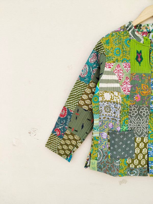 Cotton Handcrafted Kantha Jacket Print Patchwork Women's Quilted Reversible Coat, Kimono Indian Hand Block Printed Vintage