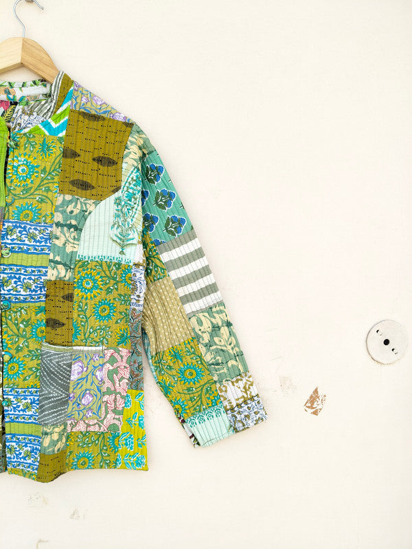 Cotton Handcrafted Kantha Jacket Print Patchwork Women's Quilted Reversible Coat, Kimono Indian Hand Block Printed Vintage