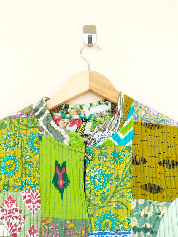 Cotton Handcrafted Kantha Jacket Print Patchwork Women's Quilted Reversible Coat, Kimono Indian Hand Block Printed Vintage