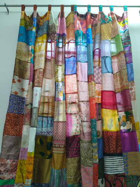 Handmade Indian Silk Saree Curtains Boho Patchwork Window Decor (Set of 2) - 4