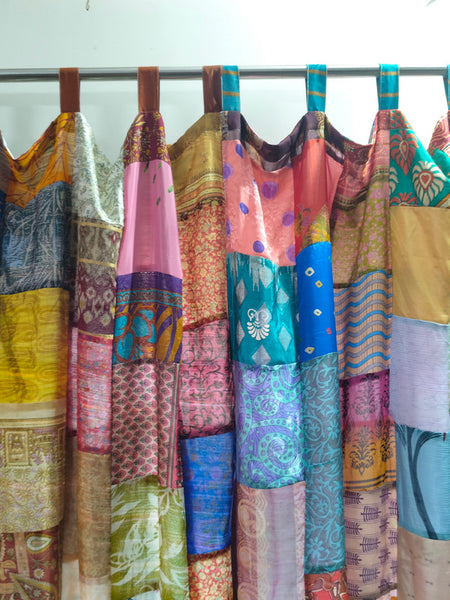 Handmade Indian Silk Saree Curtains Boho Patchwork Window Decor (Set of 2) - 4