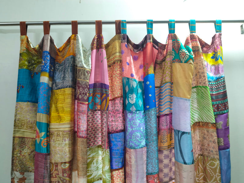 Handmade Indian Silk Saree Curtains Boho Patchwork Window Decor (Set of 2) - 4