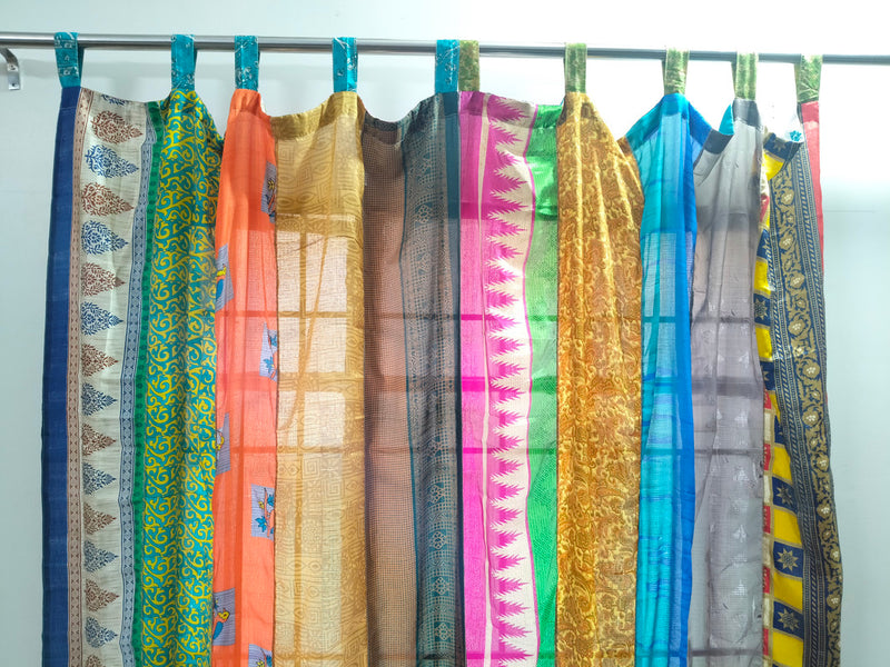 Handmade Indian Silk Saree Curtains Boho Patchwork Window Decor (Set of 2) - 6
