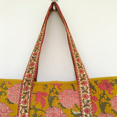 Quilted cotton handprinted reversible large floral patch work stripe tote bag eco friendly Sturdy Grocery Shopping Artist Boho - 35