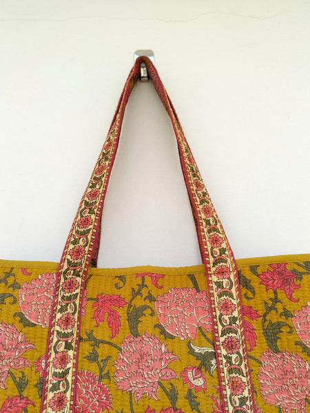 Quilted cotton handprinted reversible large floral patch work stripe tote bag eco friendly Sturdy Grocery Shopping Artist Boho - 35