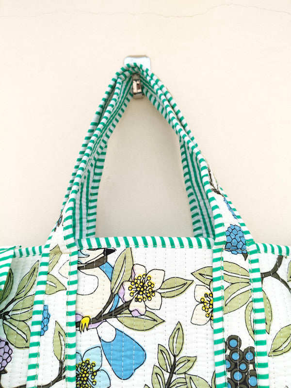 Quilted cotton handprinted reversible large floral patch work stripe tote bag eco friendly Sturdy Grocery Shopping Artist Boho - 37