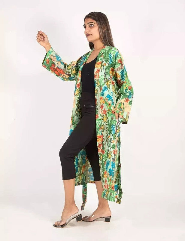 Women's Green Cotton Kimono Robe - Pure Cotton Dressing Gown