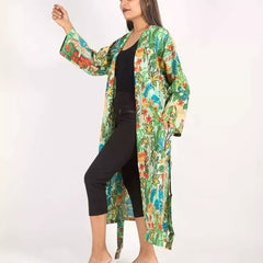 Women's Green Cotton Kimono Robe - Pure Cotton Dressing Gown