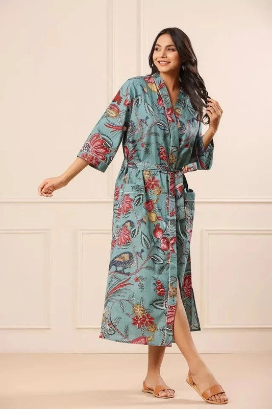 Grey Floral Print Cotton Kimono Robe Pure Cotton Dressing Gown for Women