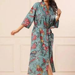 Grey Floral Print Cotton Kimono Robe Pure Cotton Dressing Gown for Women