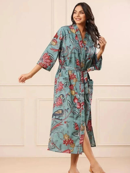Grey Floral Print Cotton Kimono Robe Pure Cotton Dressing Gown for Women