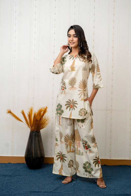 Women's Cotton Co-ord Set | Casual Summer White Floral Print Co-ord Set for Effortless Style