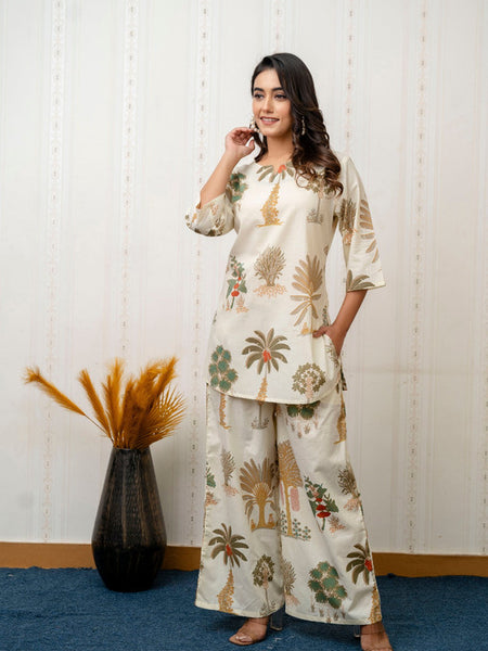 Women's Cotton Co-ord Set | Casual Summer White Floral Print Co-ord Set for Effortless Style