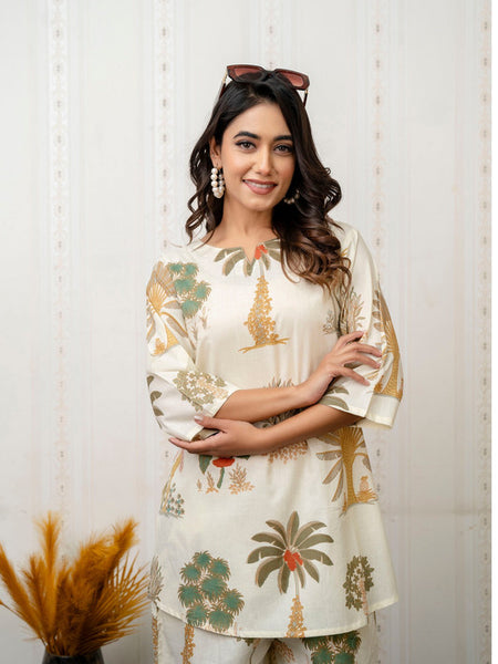 Women's Cotton Co-ord Set | Casual Summer White Floral Print Co-ord Set for Effortless Style