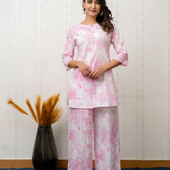 Women's Cotton Co-ord Set: Casual Summer Two-Piece Floral Print Pink Cotton Set for Effortless Style - 1