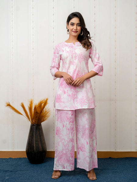Women's Cotton Co-ord Set: Casual Summer Two-Piece Floral Print Pink Cotton Set for Effortless Style - 2