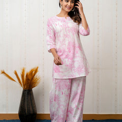 Women's Cotton Co-ord Set: Casual Summer Two-Piece Floral Print Pink Cotton Set for Effortless Style - 2