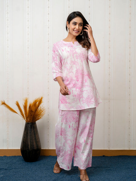 Women's Cotton Co-ord Set: Casual Summer Two-Piece Floral Print Pink Cotton Set for Effortless Style - 2