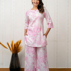 Women's Cotton Co-ord Set: Casual Summer Two-Piece Floral Print Pink Cotton Set for Effortless Style - 1