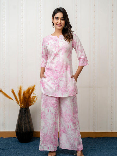 Women's Cotton Co-ord Set: Casual Summer Two-Piece Floral Print Pink Cotton Set for Effortless Style - 2