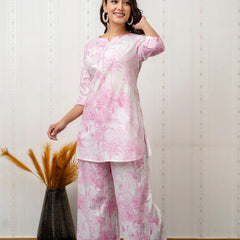 Women's Cotton Co-ord Set: Casual Summer Two-Piece Floral Print Pink Cotton Set for Effortless Style - 1