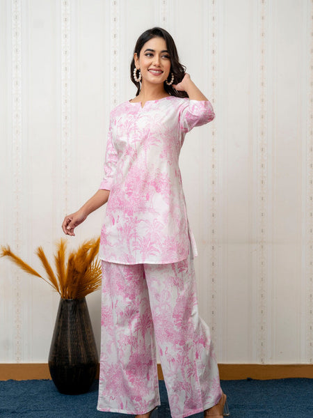 Women's Cotton Co-ord Set: Casual Summer Two-Piece Floral Print Pink Cotton Set for Effortless Style - 1