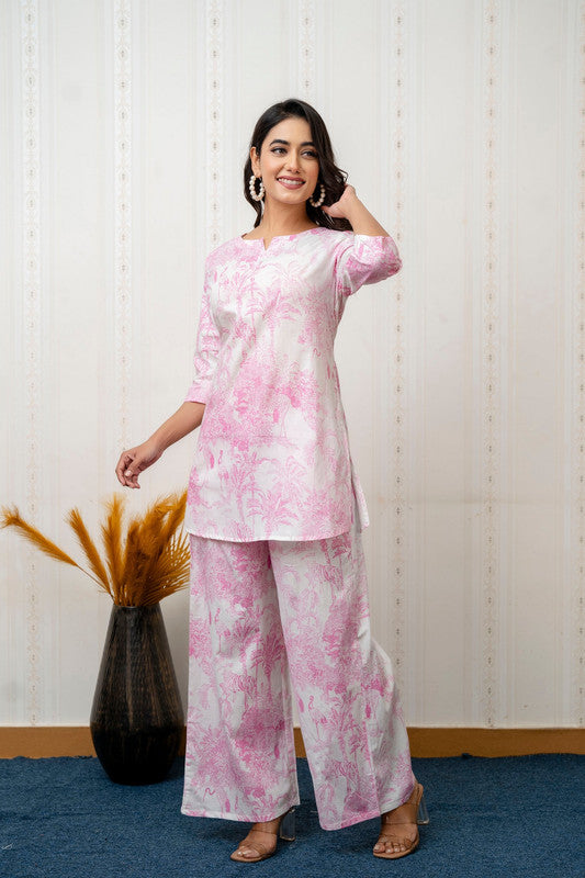 Women's Cotton Co-ord Set: Casual Summer Two-Piece Floral Print Pink Cotton Set for Effortless Style - 2