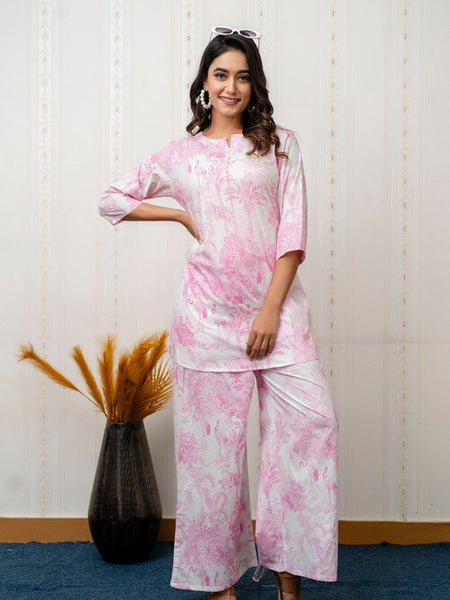 Women's Cotton Co-ord Set: Casual Summer Two-Piece Floral Print Pink Cotton Set for Effortless Style - 2