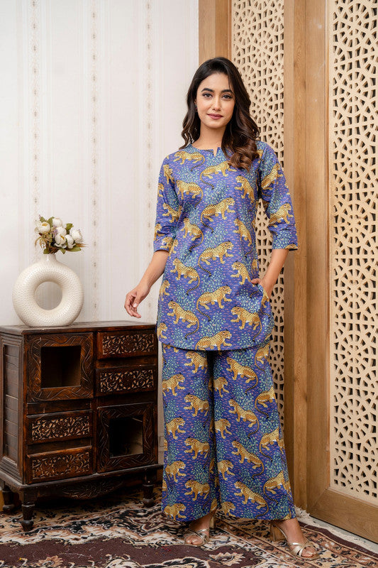 Women's Cotton Co-ord Set Casual Summer Two-Piece tiger Print blue Cotton Co-ord Set