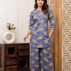 Women's Cotton Co-ord Set Casual Summer Two-Piece tiger Print blue Cotton Co-ord Set