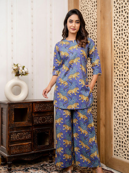 Women's Cotton Co-ord Set Casual Summer Two-Piece tiger Print blue Cotton Co-ord Set