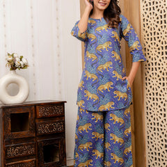 Women's Cotton Co-ord Set Casual Summer Two-Piece tiger Print blue Cotton Co-ord Set