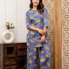 Women's Cotton Co-ord Set Casual Summer Two-Piece tiger Print blue Cotton Co-ord Set