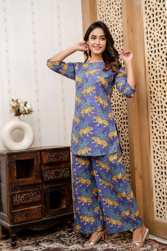 Women's Cotton Co-ord Set Casual Summer Two-Piece tiger Print blue Cotton Co-ord Set