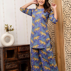 Women's Cotton Co-ord Set Casual Summer Two-Piece tiger Print blue Cotton Co-ord Set