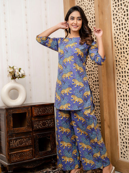 Women's Cotton Co-ord Set Casual Summer Two-Piece tiger Print blue Cotton Co-ord Set