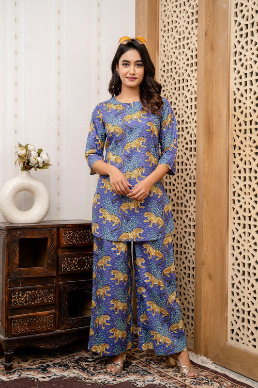 Women's Cotton Co-ord Set Casual Summer Two-Piece tiger Print blue Cotton Co-ord Set