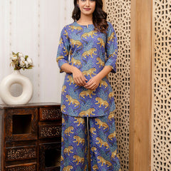 Women's Cotton Co-ord Set Casual Summer Two-Piece tiger Print blue Cotton Co-ord Set