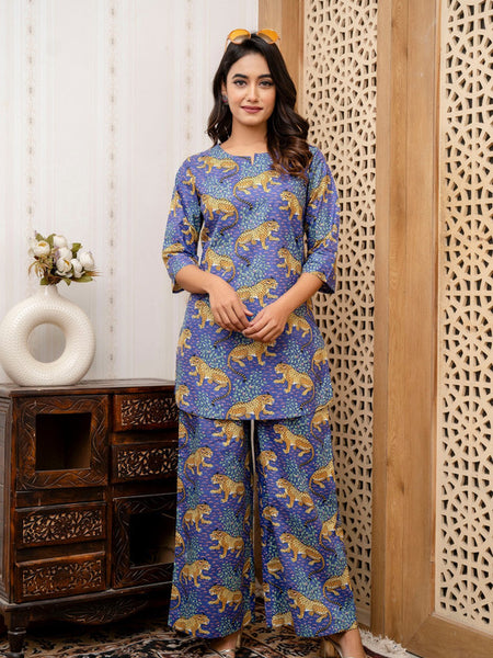 Women's Cotton Co-ord Set Casual Summer Two-Piece tiger Print blue Cotton Co-ord Set
