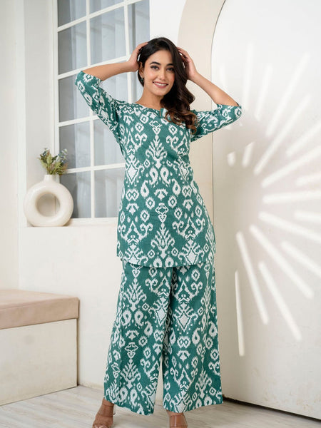 Women's Cotton Co-ord Set Casual Summer Two-Piece Lounge Tracksuit in Pink & Ikath Green Cotton