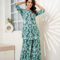 Women's Cotton Co-ord Set Casual Summer Two-Piece Lounge Tracksuit in Pink & Ikath Green Cotton