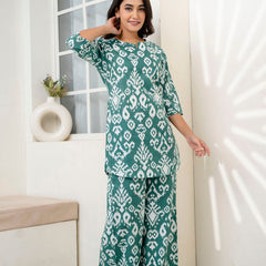 Women's Cotton Co-ord Set Casual Summer Two-Piece Lounge Tracksuit in Pink & Ikath Green Cotton