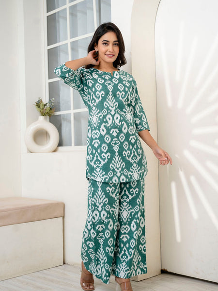 Women's Cotton Co-ord Set Casual Summer Two-Piece Lounge Tracksuit in Pink & Ikath Green Cotton