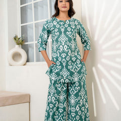Women's Cotton Co-ord Set Casual Summer Two-Piece Lounge Tracksuit in Pink & Ikath Green Cotton