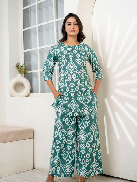 Women's Cotton Co-ord Set Casual Summer Two-Piece Lounge Tracksuit in Pink & Ikath Green Cotton