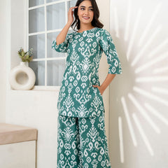 Women's Cotton Co-ord Set Casual Summer Two-Piece Lounge Tracksuit in Pink & Ikath Green Cotton