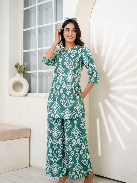 Women's Cotton Co-ord Set Casual Summer Two-Piece Lounge Tracksuit in Pink & Ikath Green Cotton