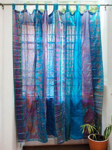 Handmade Indian Silk Saree Curtains Boho Patchwork Window Decor (Set of 2) - 3
